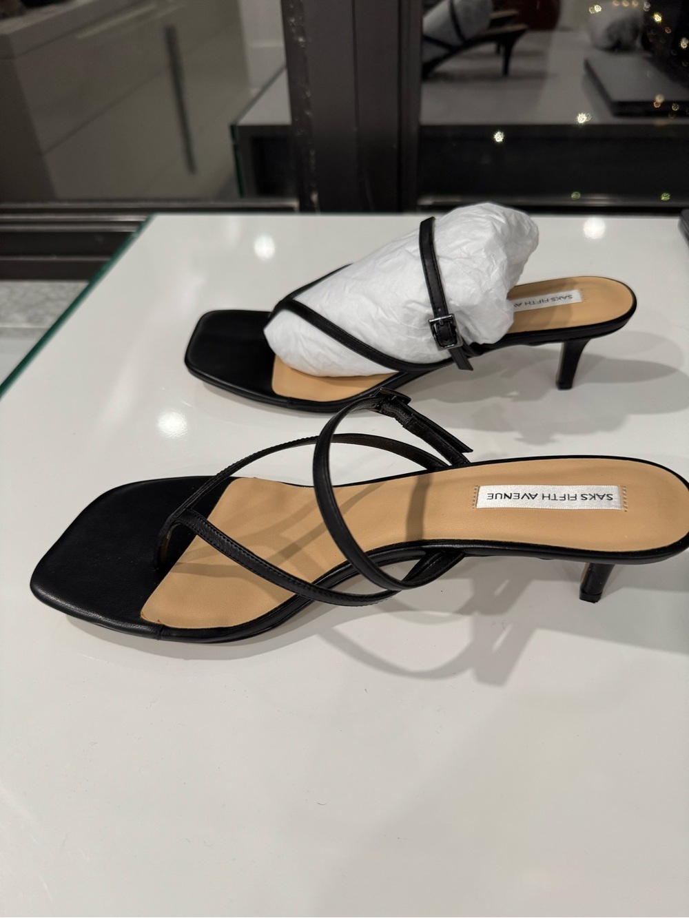 Saks Fifth Avenue Black Strappy Kitten 2” Heel Sandals. Size 10. NEW with box